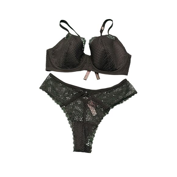 Victorias Secret Black LUXE Very Sexy Fishnet Plunge Bra 38D& Tanga Panty L Set - Picture 1 of 10